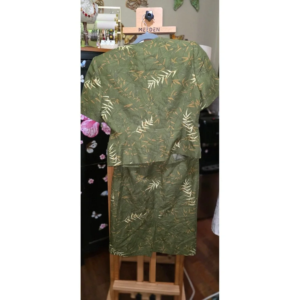 Vintage Kasper ASL Petite Green Bamboo Print Skirt Suit Set Linen Blend 6P